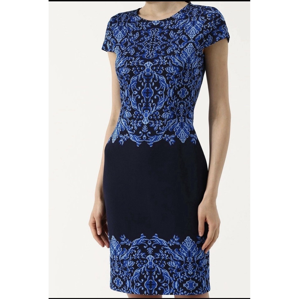 ST JOHN Womens Brocade Graphic Cobalt Blue Shimmer Knit Short Sleeve Dress 12